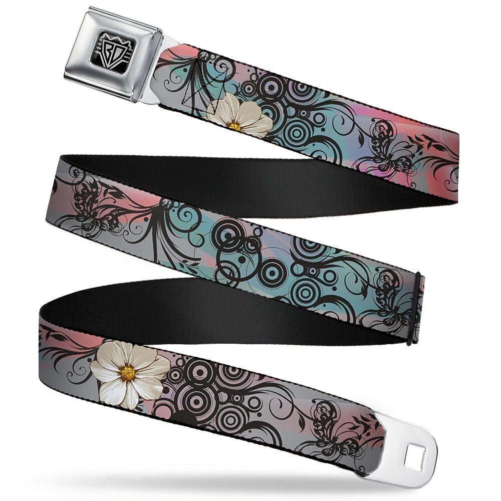 5375 Seatbelt Belt - Flowers w/Filigree Pink - 1.5" Wide - 24-38 Inches in